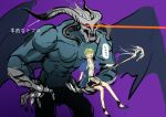  1boy carrying claws david_(fate/grand_order) demon demon_horns demon_wings fangs fate/grand_order fate_(series) green_hair grey_skin horns nemo_(nm20000) staff tunic wings 