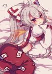  1girl ahoge baggy_pants bangs bed_sheet blush bow commentary_request drooling eyebrows_visible_through_hair fiery_wings fingernails fujiwara_no_mokou hair_between_eyes hair_bow heart highres juliet_sleeves long_hair long_sleeves lying muuran ofuda on_side pants parted_lips pillow pillow_hug puffy_sleeves red_eyes red_pants ribbon-trimmed_sleeves ribbon_trim shirt shirt_lift sidelocks signature silver_hair sleeves_past_wrists solo suspenders touhou very_long_hair white_bow white_shirt 