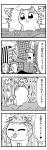  4koma :3 absurdres animal bangs baseball_cap bathing bkub building cat city closed_eyes clouds comic faceless faceless_female faceless_male greyscale hat highres kitty_tonight monochrome open_mouth oversized_animal pointing rectangular_mouth rock shirt short_hair sky speech_bubble swept_bangs talking tongue tongue_out translation_request water waterfall white_background 