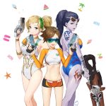  3girls absurdres ass bangs bare_shoulders blonde_hair blue_eyes blue_swimsuit breasts brown_eyes brown_hair collarbone commentary eyewear_on_head from_side gun hair_ornament highres holding holding_gun holding_weapon long_hair long_sleeves looking_at_viewer medium_breasts mercy_(overwatch) multiple_girls navel overwatch ponytail purple_hair purple_skin red_lips saemoy short_hair shorts smile spiky_hair sunglasses swimsuit tracer_(overwatch) water_gun weapon white_swimsuit widowmaker_(overwatch) yellow_eyes 