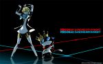  1girl 1other :3 aegis_(persona) android animal_ears arms_up atlus black_background blonde_hair blue_eyes bow cat cat_ears cat_tail copyright_name crown dancing dress headphones humanoid_robot megami_tensei morgana_(persona_5) official_art persona persona_3 persona_3:_dancing_moon_night persona_5 persona_5:_dancing_star_night persona_dancing robot robot_girl robot_joints scarf sega short_hair soejima_shigenori tail 