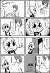  1boy 1girl 3ldkm 4koma :d android bangs bkub blunt_bangs comic emphasis_lines eyebrows_visible_through_hair fumimi glaring greyscale hair_between_eyes holding holding_paper maid maid_headdress messy_hair monochrome multiple_4koma newspaper open_door open_mouth paper shaded_face shirt short_hair simple_background smile speed_lines table translation_request tsuneda two-tone_background two_side_up 