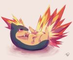  blush brown_background commentary_request fire from_side full_body gen_2_pokemon looking_away lying muuran no_humans on_back parted_lips pokemon pokemon_(creature) profile quilava red_eyes signature solo 