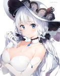  1girl arm_across_chest armlet azur_lane bangs bare_shoulders blue_eyes blunt_bangs blush breasts choker cleavage collarbone dress elbow_gloves eyebrows_visible_through_hair eyes_visible_through_hair gloves hair_ornament hair_ribbon hand_in_hair hat highres holding holding_hair illustrious_(azur_lane) jewelry lace-trimmed_choker large_breasts long_hair looking_at_viewer low_twintails mole mole_under_eye pendant ribbon sapphire_(stone) simple_background smile solo sun_hat tress_ribbon twintails umibouzu_(niito) upper_body white_background white_dress white_gloves white_hair white_hat 