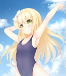  1girl agung_syaeful_anwar armpits azuki_azusa blonde_hair blue_sky blue_swimsuit blush bow closed_mouth clouds cloudy_sky commentary covered_navel embarrassed flat_chest green_eyes hair_bow hairband hand_behind_head hands_up hentai_ouji_to_warawanai_neko. highleg highleg_swimsuit long_hair looking_at_viewer one-piece_swimsuit outdoors sky solo standing swimsuit white_bow 