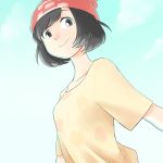  1girl bangs beanie black_eyes black_hair bob_cut breasts closed_mouth collarbone eyebrows eyelashes facing_away gooberman_(kdk5011) hat highres looking_at_viewer mizuki_(pokemon_sm) poke_ball_theme pokemon pokemon_(game) pokemon_sm red_hat shirt short_hair small_breasts smile solo swept_bangs upper_body yellow_shirt 