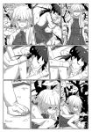  2girls 4koma ahoge asymmetrical_hair bangs bow bowtie braid cheek_poking cherry_blossoms closed_eyes collared_shirt comic commentary dress fujinami_(kantai_collection) greyscale hair_between_eyes hair_bow hair_over_shoulder hair_ribbon halterneck hamanami_(kantai_collection) highres kantai_collection kitagawa_(ktgw_116) long_hair long_sleeves lying monochrome multiple_girls on_side parted_lips petals pleated_skirt poking ribbon school_uniform shirt side_ponytail single_braid skirt sleeping sleeveless sleeveless_dress tree 