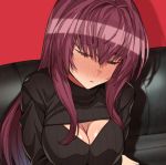  1girl bangs blush breasts cleavage cleavage_cutout erere eyebrows_visible_through_hair fate/grand_order fate_(series) hair_between_eyes long_hair purple_hair red_background revision scathach_(fate/grand_order) solo 