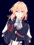  1girl artist_name blonde_hair blue_background blue_eyes gloves hair_between_eyes hair_ribbon highres kyoto_animation looking_at_viewer red_gloves red_ribbon ribbon riooo1 short_hair simple_background solo upper_body violet_evergarden violet_evergarden_(character) white_neckwear 