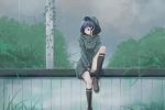  1girl black_footwear black_legwear blue_hair bush darling_in_the_franxx eyebrows_visible_through_hair facing_viewer grass green_eyes hair_ornament hairclip ichigo_(darling_in_the_franxx) kneehighs knees looking_down looking_to_the_side outdoors plant rain raincoat short_hair sitting sitting_on_object solo thighs vines zhe_feng_yi 