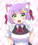  1girl :d agung_syaeful_anwar animal_ears bow cat_ears commentary copyright_request crescent crescent_moon_pin english_commentary fang gloves green_eyes hair_bow hair_ornament heart heart-shaped_pupils highres looking_at_viewer neck_ribbon open_mouth pink_background purple_hair red_bow red_neckwear red_ribbon ribbon short_hair smile solo symbol-shaped_pupils white_gloves 