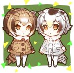  2girls :o bird_tail brown_eyes brown_hair brown_jacket chibi commentary_request eurasian_eagle_owl_(kemono_friends) eyebrows_visible_through_hair fur_collar green_background grey_eyes jacket kemono_friends looking_at_viewer multiple_girls northern_white-faced_owl_(kemono_friends) pantyhose parted_lips shoes short_hair sibyl white_footwear white_legwear 