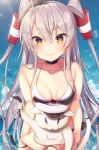  1girl amatsukaze_(kantai_collection) animal bangs bare_shoulders batsubyou bikini black_bikini blush breasts brown_eyes cat choker cleavage collarbone commentary_request eyebrows_visible_through_hair garrison_cap hair_tubes hat highres holding holding_cat kantai_collection long_hair looking_at_viewer military_hat mini_hat side-tie_bikini silver_hair small_breasts smile solo swimsuit tahya two_side_up untied untied_bikini 