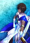  1boy absurdres aqua_background arjuna_(fate/grand_order) bangs bow_(weapon) brown_hair character_name closed_mouth commentary_request dark_skin dark_skinned_male elbow_gloves fate/grand_order fate_(series) from_above from_side frown gloves hair_over_one_eye hands_up highres holding holding_bow_(weapon) holding_weapon looking_at_viewer male_focus muscle parted_bangs serious shiny shiny_hair simple_background sleeveless solo standing wavy_hair weapon white_gloves 
