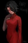  1girl black_background black_gloves breasts cinder_fall copyright_name cowboy_shot dress elbow_gloves facial_scar gloves hair_over_one_eye hand_on_own_chin medium_breasts red_dress red_eyes rwby scar short_hair solo sumiwow 