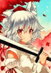  1girl animal_ears bangs blush brown_eyes closed_mouth day detached_sleeves eyebrows_visible_through_hair fang_out hat holding holding_sword holding_weapon inubashiri_momiji long_sleeves looking_at_viewer outdoors pom_pom_(clothes) qqqrinkappp red_hat sample short_hair silver_hair smile solo sword tokin_hat touhou traditional_media upper_body weapon wolf_ears 