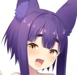  1girl :d animal_ears bangs bare_shoulders blush brown_eyes character_request eyebrows_visible_through_hair face fang fox_ears head_tilt long_hair looking_at_viewer mashima_(sumachi) open_mouth otogi_frontier portrait purple_hair sidelocks simple_background smile solo thick_eyebrows white_background 