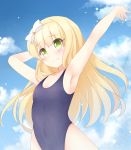  1girl absurdres agung_syaeful_anwar armpits azuki_azusa blonde_hair blue_sky blue_swimsuit blush bow closed_mouth clouds cloudy_sky commentary covered_navel embarrassed flat_chest green_eyes hair_bow hairband hand_behind_head hands_up hentai_ouji_to_warawanai_neko. highleg highleg_swimsuit highres long_hair looking_at_viewer one-piece_swimsuit outdoors sky solo standing swimsuit white_bow 