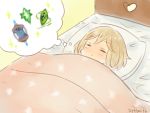  1girl ayuto bed blonde_hair closed_eyes crystal djeeta_(granblue_fantasy) dreaming granblue_fantasy instrument short_hair sleeping sparkle twitter_username 