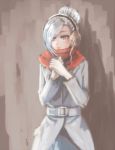  1girl animal_ears blue_eyes blush cowboy_shot earmuffs hair_over_one_eye hands_clasped own_hands_together painterly rabbit_ears red_skirt rwby scarf silver_hair skirt solo sumiwow trench_coat winter_schnee 
