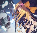  1girl abigail_williams_(fate/grand_order) asymmetrical_legwear bangs black_bow black_hat black_legwear black_panties blonde_hair bow butterfly commentary eyebrows_visible_through_hair eyes_visible_through_hair fate/grand_order fate_(series) forehead glowing glowing_eye grin hat hat_bow highres insect key keyhole long_hair looking_at_viewer nanao_(aoyamahikari) orange_bow oversized_object panties parted_bangs pillar polka_dot polka_dot_bow red_eyes revealing_clothes single_thighhigh skull_print smile solo space star_(sky) suction_cups teeth tentacle thigh-highs topless underwear very_long_hair violet_eyes witch_hat 