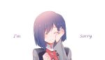  1girl absurdres blue_hair blurry blush closed_eyes commentary_request crying darling_in_the_franxx depth_of_field english hair_ornament highres ichigo_(darling_in_the_franxx) sad short_hair simple_background solo tears text white_background 