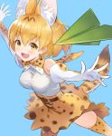  1girl :d animal_ears animal_print aoi_momo bangs bare_shoulders belt black_belt black_hair blonde_hair blue_background blush bow bowtie breasts cowboy_shot elbow_gloves extra_ears eyebrows eyebrows_visible_through_hair eyelashes facing_away fang gloves hair_between_eyes high-waist_skirt highres kemono_friends legs_apart looking_at_viewer medium_breasts miniskirt multicolored multicolored_bow multicolored_clothes multicolored_gloves multicolored_hair multicolored_neckwear open_mouth outstretched_arms paper_airplane serval_(kemono_friends) serval_ears serval_print serval_tail shirt short_hair simple_background skirt skirt_lift sleeveless sleeveless_shirt smile solo tail thigh-highs tongue two-tone_hair white_bow white_gloves white_neckwear white_shirt yellow_bow yellow_eyes yellow_gloves yellow_legwear yellow_neckwear yellow_skirt zettai_ryouiki 