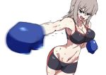 1girl bangs bike_shorts black_shorts blue_eyes boxing boxing_gloves breasts commentary cowboy_shot emblem eyebrows_visible_through_hair flying_sweatdrops foreshortening girls_und_panzer itsumi_erika large_breasts leaning_to_the_side long_hair looking_at_viewer mordeth motion_blur navel open_mouth shorts silver_hair simple_background single_vertical_stripe solo sports_bra standing sweat sweating sweating_profusely tomboy v-shaped_eyebrows white_background