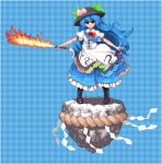 1girl :&gt; blue_background blue_hair boots flaming_sword food food_themed_clothes frilled_skirt frills fruit gingham hat hinanawi_tenshi keystone layered_skirt long_hair long_skirt lowres peach pixel_art red_eyes rope shide shimenawa skirt smile solo sword sword_of_hisou takorin touhou very_long_hair weapon wind