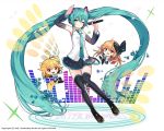 2016 absurdly_long_hair aqua_hair blonde_hair boots brown_hair character_name chibi cosplay detached_sleeves electric_guitar floating_hair full_body green_eyes guitar hatsune_miku hatsune_miku_(cosplay) headphones instrument kai-ri-sei_million_arthur long_hair microphone necktie one_eye_closed open_mouth pleated_skirt salute skirt smile tail thigh-highs thigh_boots togo_(korlsj1235) triangle_(instrument) twintails very_long_hair vocaloid white_background 