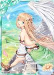 1girl :d akkijin angel angel_wings back bare_shoulders blonde_hair blue_sky breasts card_(medium) dress feathers field flower green_eyes hair_flower hair_ornament looking_at_viewer mountain official_art open_mouth shinkai_no_valkyrie sitting sky small_breasts smile solo sunlight tree white_dress wings 