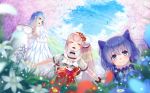  3girls :3 angel_wings black_choker blue_eyes blue_hair blue_sky blush braid breasts cherry_blossoms choker closed_mouth clothes_writing clouds commentary elbow_gloves elu_(nijisanji) fairy_wings flower french_braid gloves grass hair_flower hair_ornament koko_(koko3) large_breasts leaves_in_wind light_blue_hair long_hair moira_(nijisanji) mole mole_under_mouth multiple_girls nijisanji open_mouth outdoors pointy_ears rainbow short_sleeves side_ponytail sky smile tokyo_tower twintails virtual_youtuber white_gloves wings yellow_eyes yuuki_chihiro 