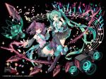  2girls absurdly_long_hair bent_elbows bent_knees boots cosplay detached_sleeves full_body green_eyes green_hair hatsune_miku hatsune_miku_(cosplay) headset kai-ri-sei_million_arthur long_hair megaphone mintchoco_(orange_shabette) multiple_girls musical_note necktie purple_hair red_eyes skirt speaker thigh-highs thigh_boots twintails very_long_hair vocaloid 