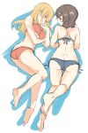  2girls abenattou arm_up ass back bangs barefoot bikini black_bikini blonde_hair brown_eyes brown_hair caesar_(girls_und_panzer) carpaccio closed_eyes commentary facing_another from_above from_behind girls_und_panzer laughing long_hair looking_at_another lying multiple_girls on_side on_stomach open_mouth orange_bikini parted_lips shadow short_hair simple_background sketch smile swimsuit thigh_gap white_background 