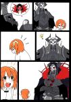  1girl 2boys ahoge armor bandage blush cape chaldea_uniform cloak comic cosplay crying cu_chulainn_alter_(fate/grand_order) cu_chulainn_alter_(fate/grand_order)_(cosplay) eiri_(eirri) fate/grand_order fate_(series) fujimaru_ritsuka_(female) glowing glowing_eyes hair_ornament hair_scrunchie highres horns king_hassan_(fate/grand_order) lancer long_sleeves mask multiple_boys orange_hair scan scrunchie short_hair side_ponytail silent_comic skull skull_mask tears true_assassin uniform 