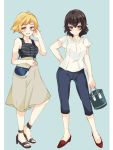  2girls abenattou anklet bag bangs black_shirt blonde_hair blue_pants brown_eyes brown_hair brown_skirt caesar_(girls_und_panzer) capri_pants carrying casual closed_mouth commentary erwin_(girls_und_panzer) eyebrows_visible_through_hair flats full_body girls_und_panzer green_background hand_in_hair hand_on_hip handbag high-waist_skirt holding jewelry looking_at_viewer medium_skirt multiple_girls no_hat no_headwear no_legwear open_mouth pants pointy_hair red_footwear sandals shirt short_hair short_sleeves simple_background skirt sleeveless sleeveless_shirt smile standing striped striped_shirt white_shirt 