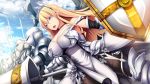  1girl armor axe bare_shoulders blonde_hair breasts choker cleavage daiaru day dutch_angle highres holding holding_weapon knight lance large_breasts long_hair open_mouth original outdoors pointy_ears polearm shield sword weapon 