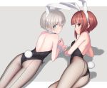  2girls alternate_costume animal_ears ass back back-seamed_legwear bangs bare_arms bare_shoulders black_leotard black_ribbon blue_eyes blunt_bangs blush bunny_tail bunnysuit eyebrows_visible_through_hair fake_animal_ears fake_tail fishnet_pantyhose fishnets flat_chest from_behind grey_background kantai_collection leotard looking_at_viewer looking_back lying multiple_girls on_side on_stomach open_mouth pantyhose profile rabbit_ears red_eyes redhead ribbon sanhon seamed_legwear shadow shiny shiny_hair short_hair side-tie_leotard silver_hair simple_background strapless strapless_leotard tail tareme wrist_cuffs z1_leberecht_maass_(kantai_collection) z3_max_schultz_(kantai_collection) 