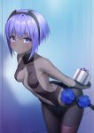 1girl arms_behind_back bangs bare_shoulders black_bodysuit black_gloves blush bodysuit box breasts closed_mouth commentary_request cowboy_shot eyebrows_visible_through_hair fate/prototype fate/prototype:_fragments_of_blue_and_silver fate_(series) gift gift_box gloves grey_skin hair_between_eyes hassan_of_serenity_(fate) holding holding_gift leaning_forward looking_at_viewer mashima_(sumachi) purple_hair sidelocks small_breasts solo violet_eyes 