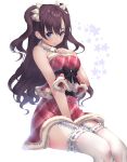  1girl :3 bare_shoulders black_bow blue_eyes blush bow breasts brown_hair dress earrings frills fur_collar fur_trim garter_straps highres ichinose_shiki idolmaster idolmaster_cinderella_girls idolmaster_cinderella_girls_starlight_stage jewelry kinty labcoat lace lace-trimmed_thighhighs long_hair looking_at_viewer medium_breasts necklace plaid plaid_dress red_dress sash short_dress simple_background sitting smile solo thigh-highs wavy_hair white_background white_legwear 