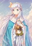  1girl :o absurdres anastasia_(fate/grand_order) bangs blue_cloak blue_eyes blue_sky blush brown_hairband cloak clouds commentary_request crown day dress eyebrows_visible_through_hair fate/grand_order fate_(series) hair_between_eyes hair_ribbon highres holding holmemee light_brown_hair long_hair looking_at_viewer mini_crown outdoors parted_lips ribbon silver_hair sky solo very_long_hair white_dress yellow_ribbon 