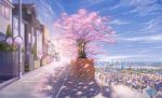  bridge building cherry_blossoms cityscape clouds commentary house kagumanikusu mirror no_humans original railing river road scenery sky spring_(season) stairs street sunlight sunrise tree vanishing_point 