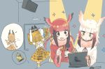  /\/\/\ 4girls afterimage animal_ears arms_up bangs bird_wings black_eyes black_hair blonde_hair blunt_bangs bow door eighth_note elbow_gloves empty_eyes fur_collar gloom_(expression) gloves hands_up hasu_(zatsugami) head_wings high-waist_skirt holding holding_microphone indoors japanese_crested_ibis_(kemono_friends) kemono_friends locked long_hair long_sleeves microphone multicolored_hair multiple_girls musical_note open_mouth pointing print_gloves print_neckwear print_skirt redhead savanna_striped_giant_slug_(kemono_friends) scarf scarlet_ibis_(kemono_friends) serval_(kemono_friends) serval_ears serval_print serval_tail shirt short_hair skirt sleeveless sleeveless_shirt smile sparkle speech_bubble standing striped_tail sweat sweating_profusely table tail white_hair wide_sleeves wings yellow_eyes 