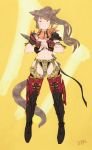  1girl animal_ears brown_eyes brown_hair cat_ears cat_tail closed_mouth final_fantasy final_fantasy_xiv full_body garter_straps highres long_hair looking_at_viewer midriff miqo&#039;te mozuku_(mozuuru0323) ponytail solo standing tail thighhighs_under_boots wrist_guards 