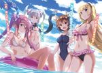  4girls :d animal_ears antlers bikini black_bikini black_hairband blonde_hair blue_bikini blue_eyes blue_sky blush breasts brown_eyes brown_hair cleavage clouds collarbone competition_swimsuit day eyebrows_visible_through_hair floating_hair frilled_bikini frills from_below green_eyes groin hair_between_eyes hair_ornament hairband head_tilt highres houshin_engi_(light_novel) innertube long_hair looking_at_viewer lossy-lossless medium_breasts micro_bikini multiple_girls mutsumi_masato navel novel_illustration official_art one-piece_swimsuit open_mouth outdoors parted_lips pink_hair pink_ribbon reindeer_antlers reindeer_ears ribbon short_hair sideboob silver_hair sitting sky smile standing swimsuit twintails under_boob very_long_hair wading water white_bikini_top 