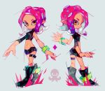  1girl amakusa_(hidorozoa) ankle_boots boots closed_mouth high_heel_boots high_heels leg_belt looking_at_viewer microskirt multiple_views navel octarian octoling orange_eyes pink_hair pointy_ears skirt smile splatoon splatoon_2 standing tentacle_hair wristband 