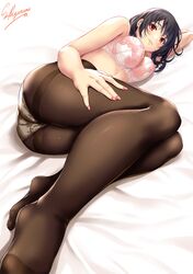  1girl \||/ alternate_costume artist_name ass black_hair blush bra breasts crotch_seam feet fingernails floral_print foreshortening from_below grey_skirt hand_behind_head hand_on_thigh kantai_collection large_breasts looking_at_viewer messy_hair nail_polish no_shoes office_lady panties panties_under_pantyhose pantyhose parted_lips pink_bra pink_nails red_eyes sakiyamama short_hair signature simple_background skirt smile solo takao_(kantai_collection) thighband_pantyhose underwear underwear_only white_background white_panties 