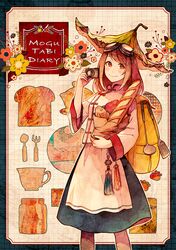  1girl akagi_shun baguette blue_skirt bread brown_eyes brown_hair camera closed_mouth flower food goggles groceries hand_up hat holding holding_camera looking_at_viewer original skirt smile solo taiyaki wagashi 