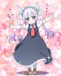  1girl :o ankle_boots bangs black_dress blue_eyes blunt_bangs blush boots brown_footwear child collared_shirt cosplay dragon_horns dress elbow_gloves eyebrows_visible_through_hair frills full_body gloves gradient_hair hairband horns kanna_kamui kobayashi-san_chi_no_maidragon lavender_hair lolita_hairband long_hair looking_at_viewer necktie open_mouth outstretched_arms pikomarie pinafore_dress pink_background red_neckwear shirt solo sparkle spread_arms standing tail tooru_(maidragon) tooru_(maidragon)_(cosplay) translated twintails white_gloves white_legwear wing_collar 