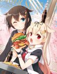  2girls ahoge black_ribbon black_serafuku blonde_hair blue_eyes braid brown_hair cola food hair_between_eyes hair_flaps hair_ornament hair_ribbon hairclip hamburger highres holding holding_food kantai_collection long_hair multiple_girls neckerchief one_eye_closed open_mouth red_eyes red_neckwear remodel_(kantai_collection) ribbon scarf school_uniform serafuku shigure_(kantai_collection) short_sleeves single_braid smile white_scarf yume_no_owari yuudachi_(kantai_collection) 